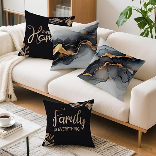 Miniatura 8 de OBSEDE Juego de 4 fundas de almohada con diseño de mármol negro y dorado de 18 x 18 pulgadas, fundas de cojín para sofá, cama, sala de estar,