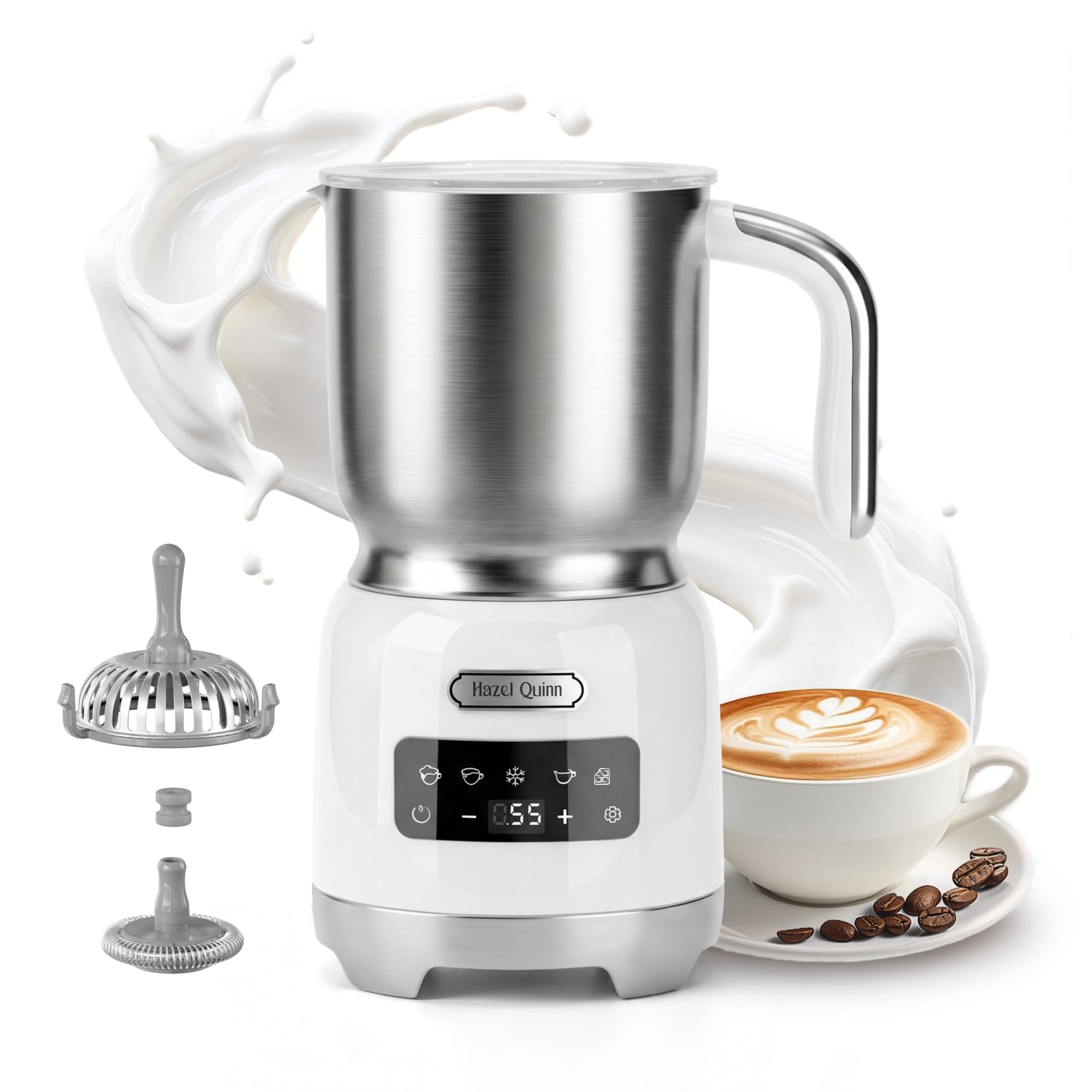 Hazel Quinn Espumador de Leche Eléctrico 5 en 1, Acero Inoxidable y Pantalla Táctil LED, Regulación de Temperatura, Espuma de Leche Fría y Caliente, Lavable en Lavavajillas, 400 ML, Blanco