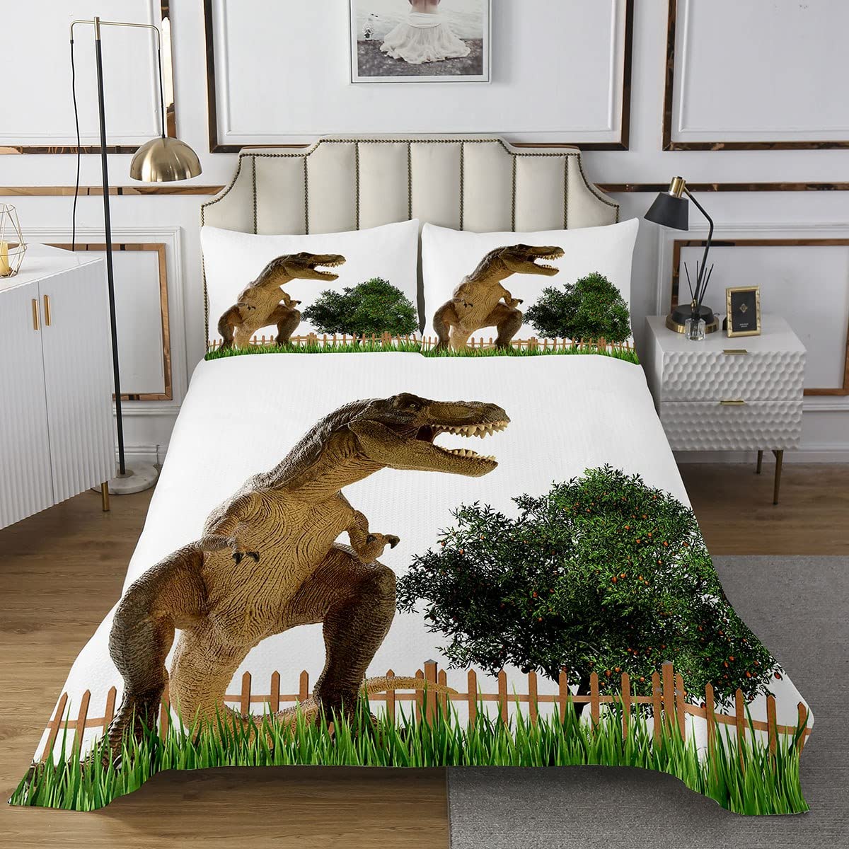 Koc dzienny z motywem dinozaura, zabawka dla dzieci, zielone drzewa, trawa, zestaw pościeli, modna, luksusowa kołdra dla dzieci, do pokoju chłopca, motyw dzikich zwierząt, roślin, miękki festiwal