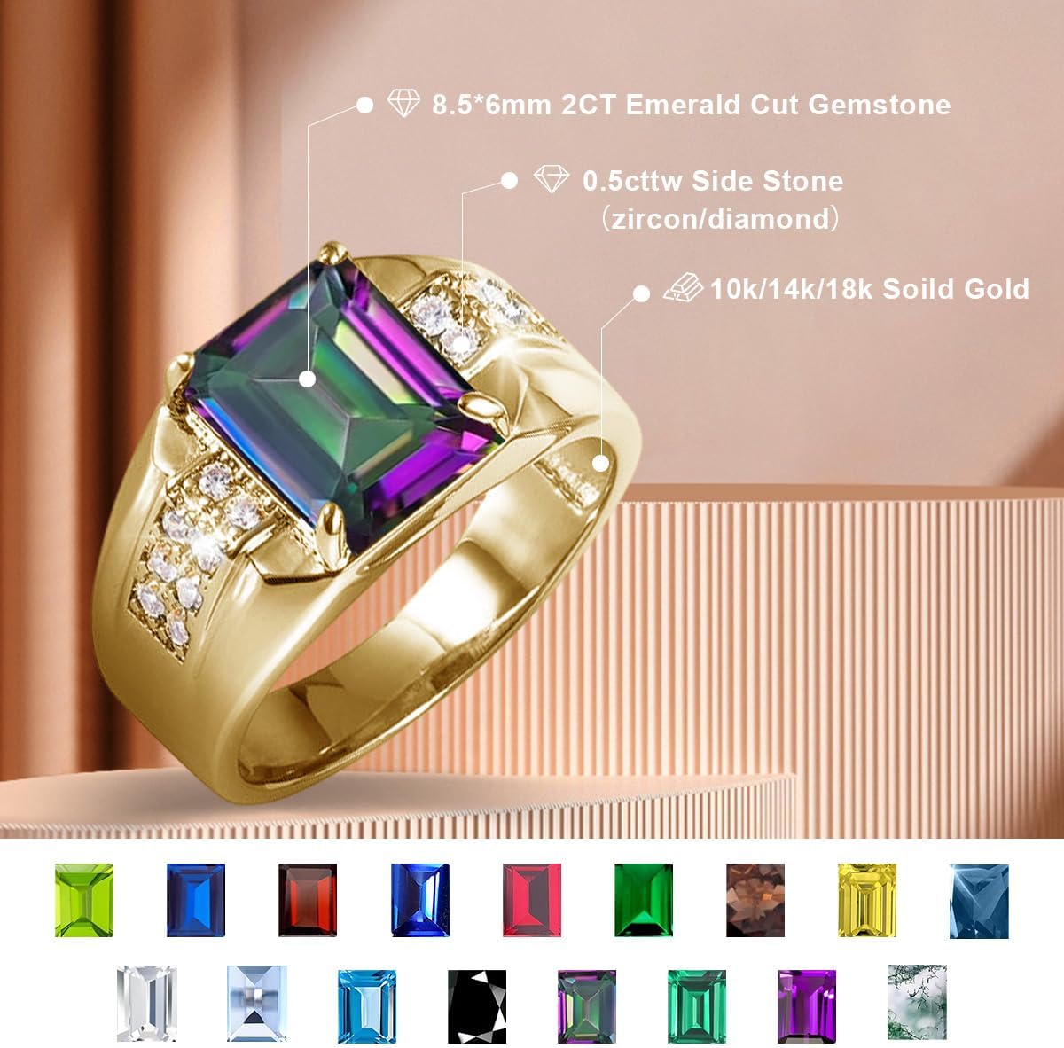 Gemstone Men's Rings 2CT Emerald Cut Ring for Men in 10K 14K 18K Solid Gold Promise Engagement Ring Band for husband Him - Image 2