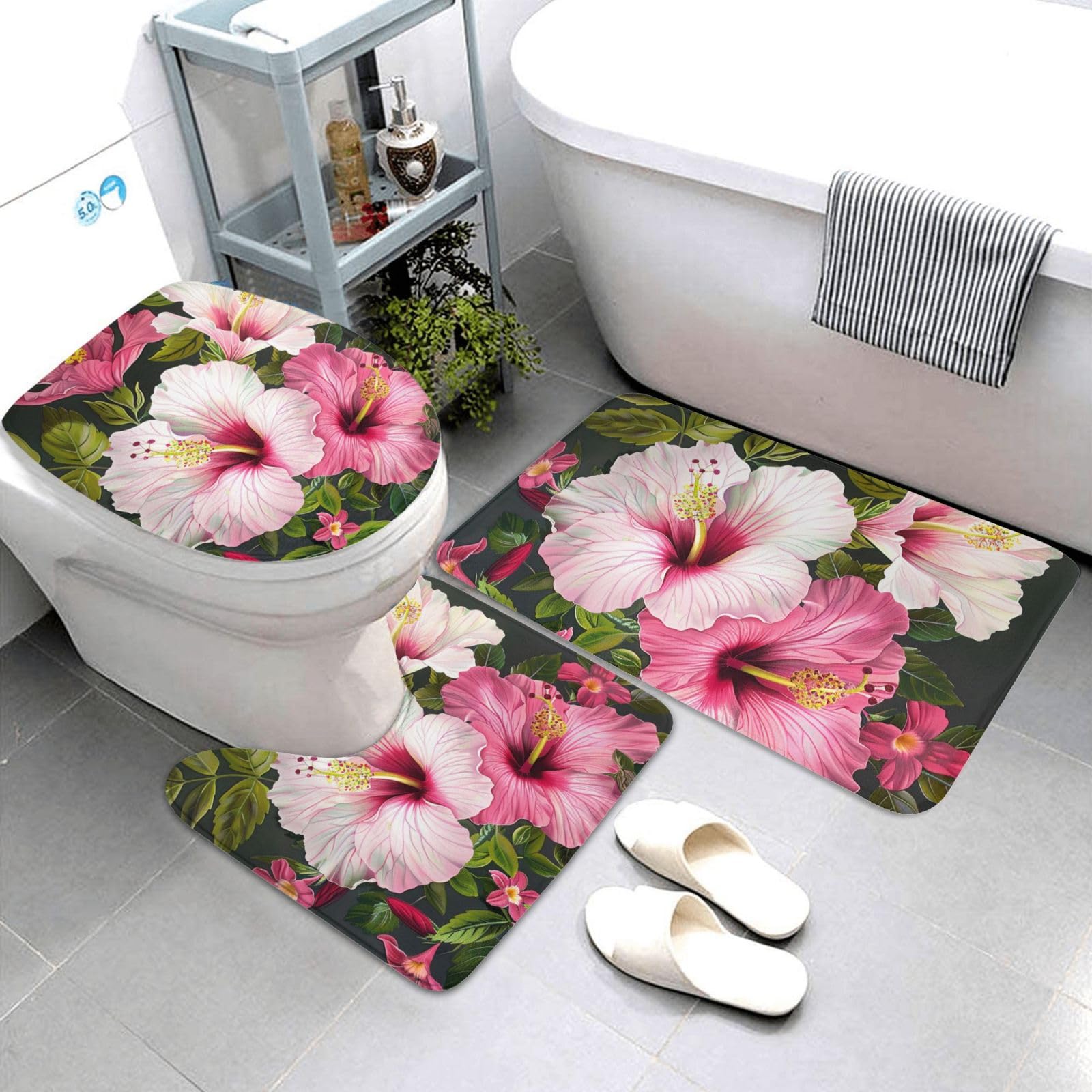 Lot de 3 tapis de salle de bain en flanelle avec tapis de bain + tapis contour + housse pour abattant de WC, motif fleurs d'hibiscus