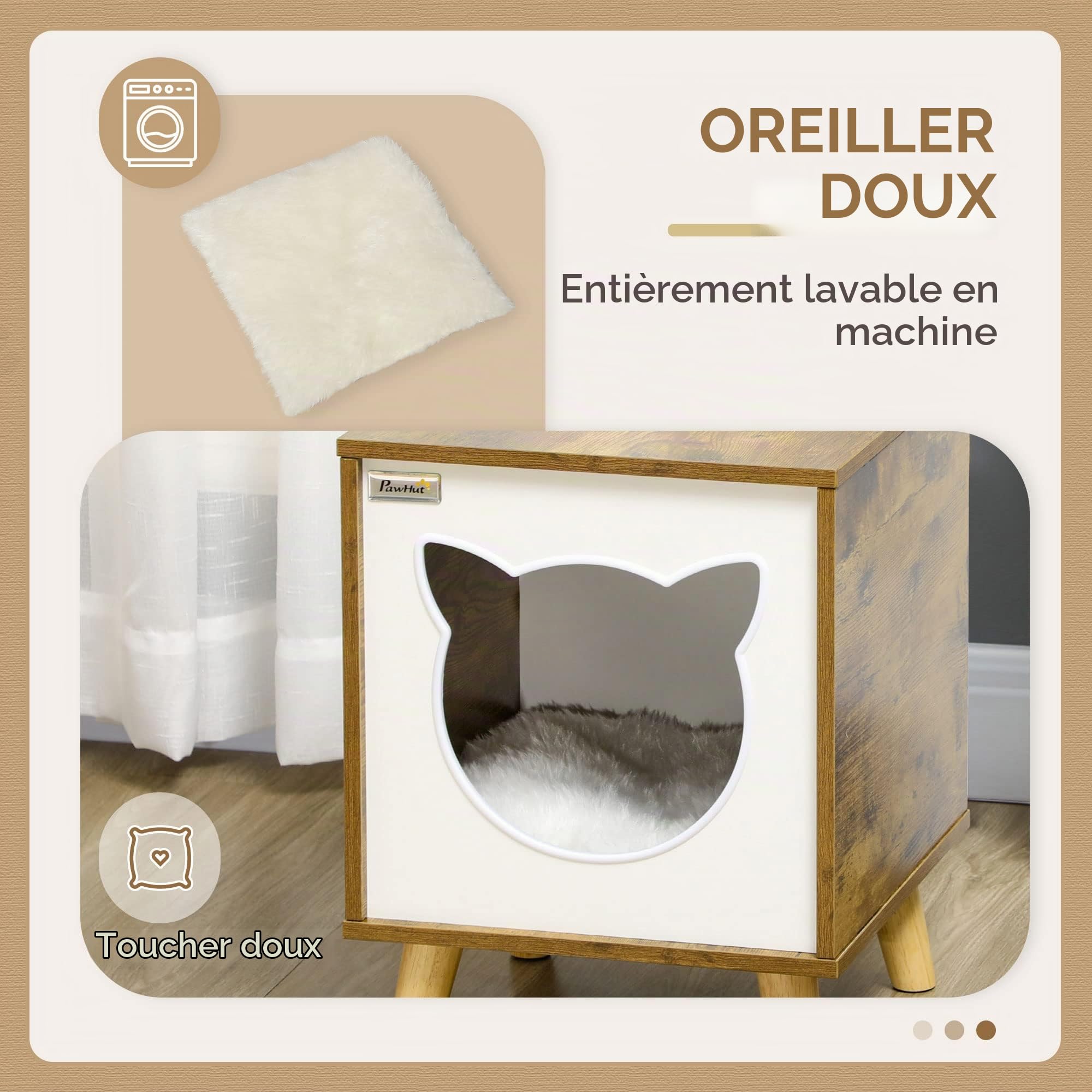 Pawhut Maison en Bois pour Chat avec Coussin Lavable 34x34x44,5 cm Brun