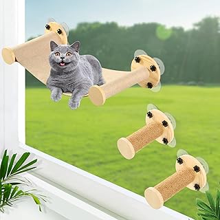Calmbee Cat Window Perch with Step for Indoor Cat, Cat Hammock for Window with Suction Cups, Window Cat Bed and Cat Scratching Post for Indoor Cats, Cat Perch Window Mounted for Cats Inside