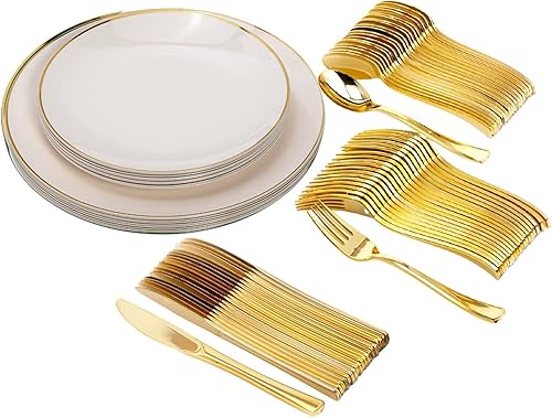 Trendables Juego de platos de plástico desechables con cubiertos, color marfil, 200 unidades, sirve 40 cubiertos de plástico, incluye 40 platos de