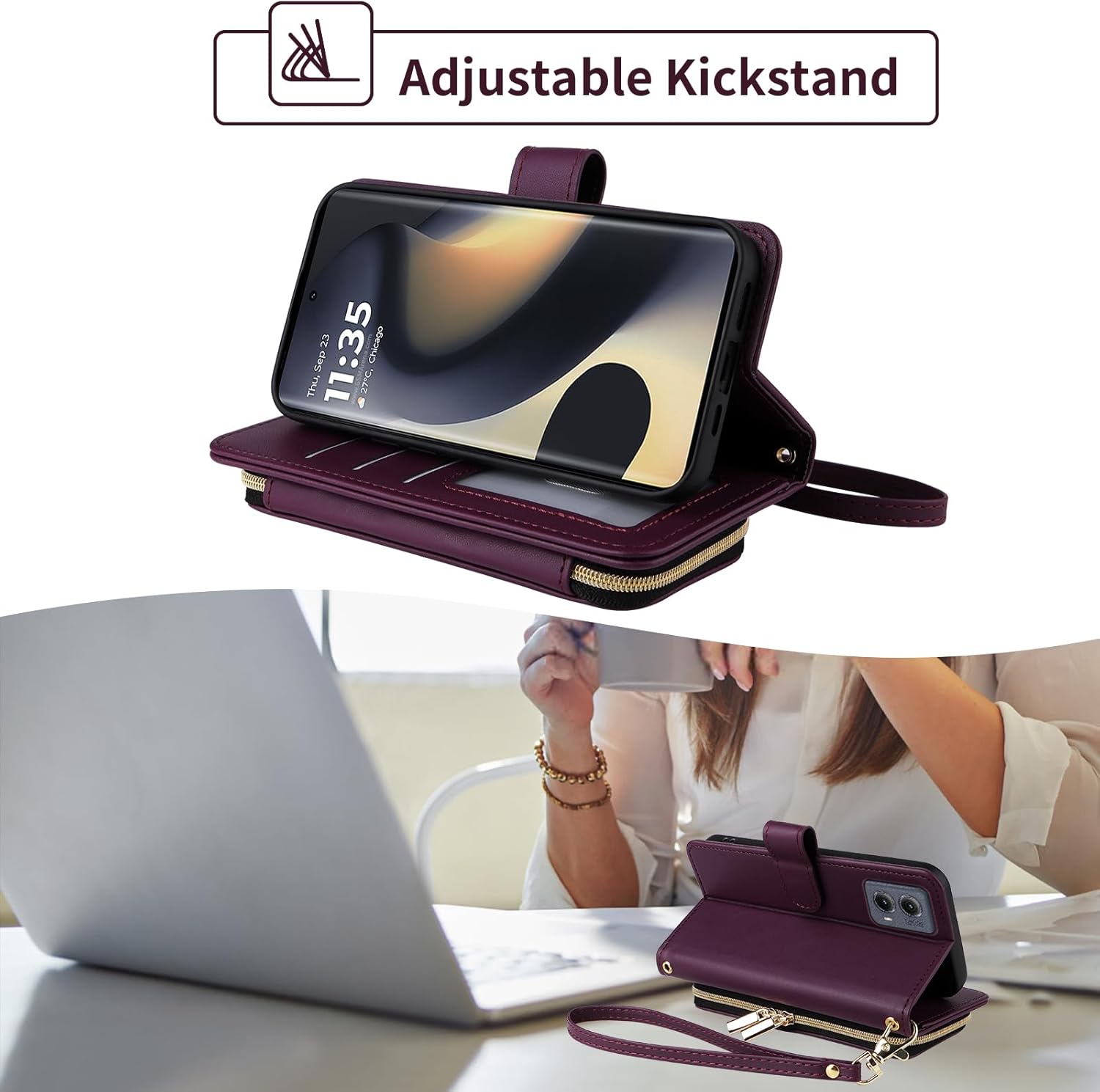 Argyle Wallet Case for Motorola Edge 5G 2024 with Wrist Strap Shoulder Strap, Card Slot Zipper Purse Luxury PU Leather Stand Checkered Cell Phone Cover for Moto Edge2024 Women Girls Deep Purple