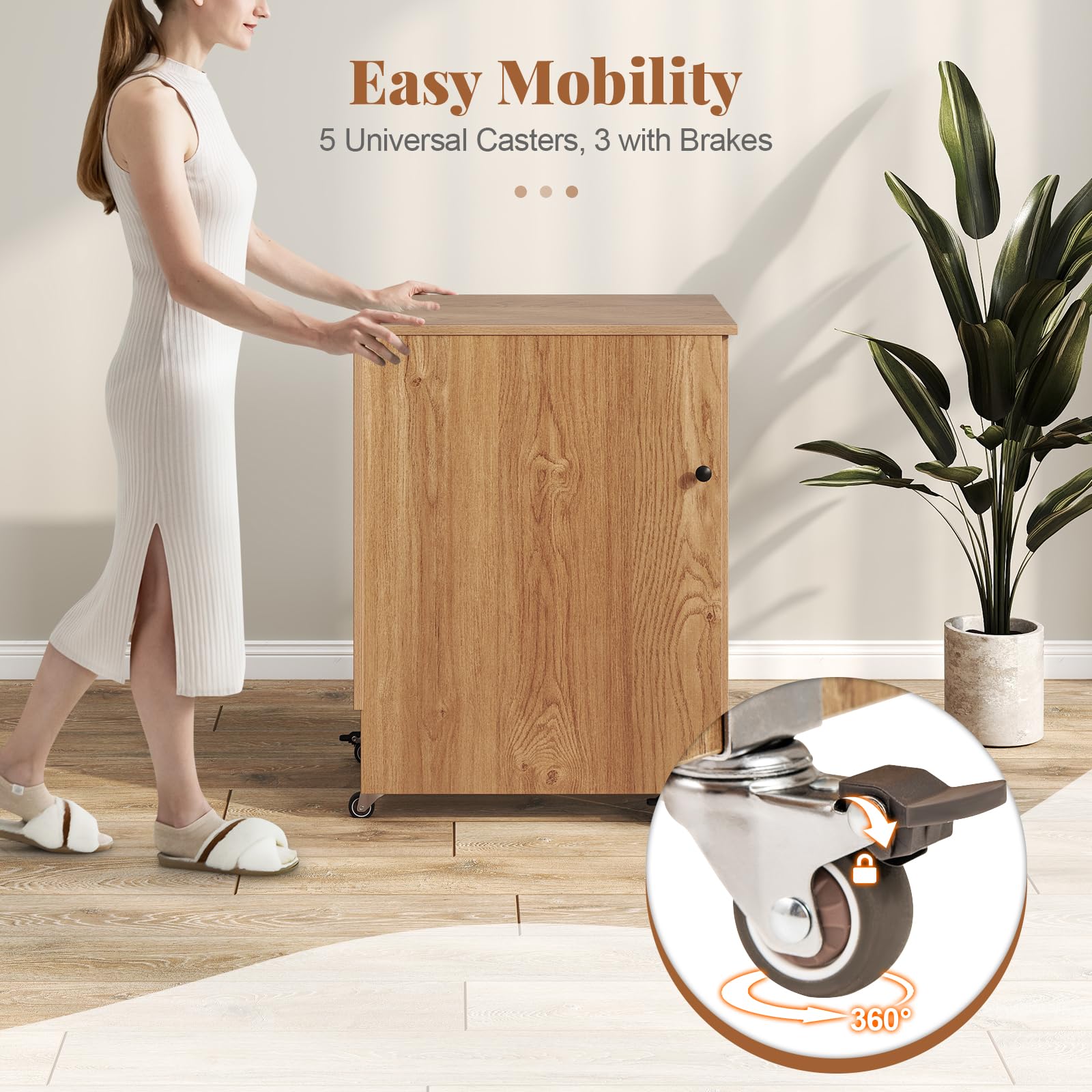 FANTASK Table à Coudre Pliable 2 en 1 avec Station de Charge, étagères et Roues verrouillables, Table de Couture en Bois, Station de Bricolage Polyvalente pour Salon, Chambre à Coucher (Naturel)