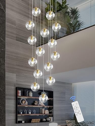 Miniatura 67 de Escalera LED de 10 luces LED moderna con globo de cristal, lámpara colgante grande para techos altos, accesorios de iluminación de entrada, villas y