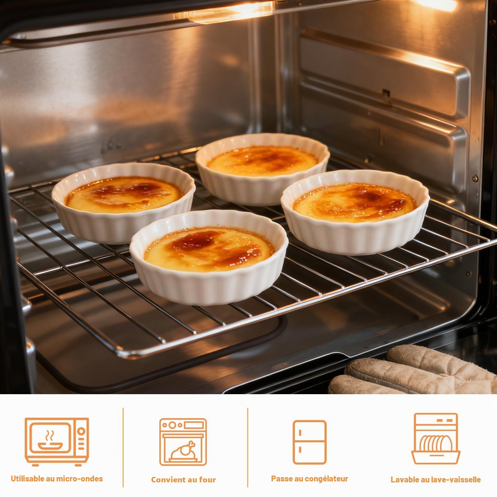 Lot de 6 petits plats à tarte en céramique - 12,8 x 2,6 cm - Blanc - 240 ml - Pour soufflé, fondants muffins, crème brûlée