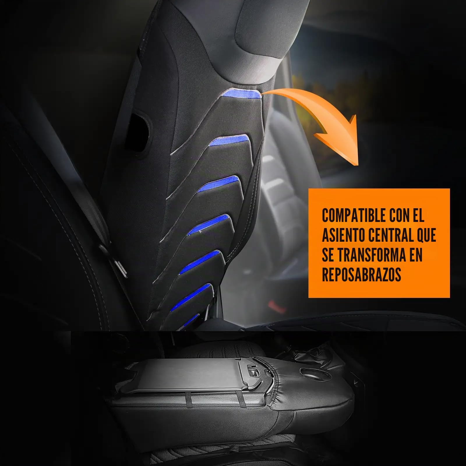 Fundas para asientos universales 2+1 para Renault Trafic 3 (2015-2024), OPEL Vivaro B (2014-2018) – Fundas de asiento de lino para asientos delanteros, negro-azul, juego de fundas para