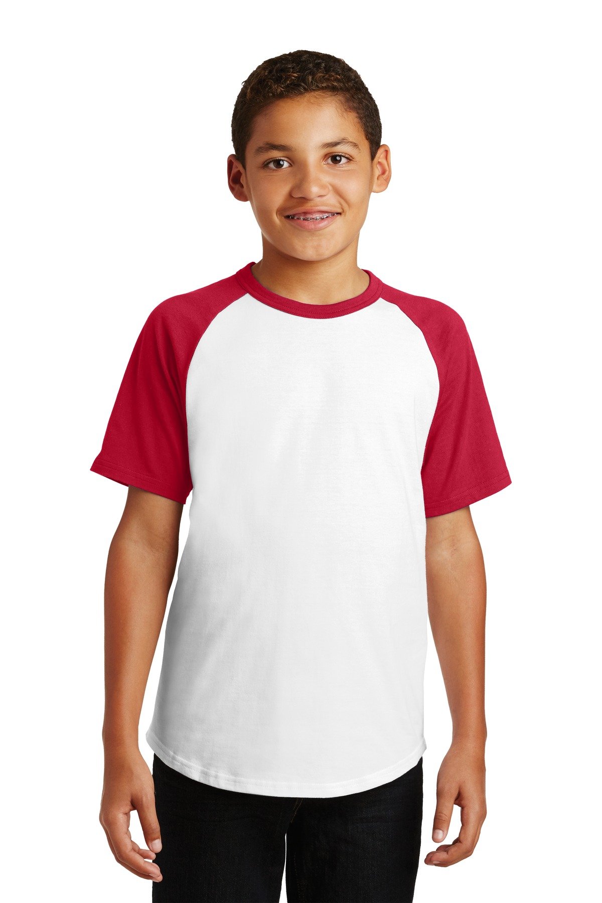 SPORT-TEK Youth Short Sleeve Colorblock Raglan Jersey, White/Red, Medium