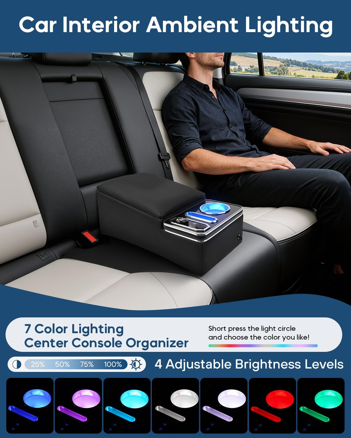 Center Console Organizer for Small SUV, Sedan, Truck, Rear Bench Seat Armrest Organizer with 7-Color Adjustable LED Lighting, Upgraded Automotive Center Storage Box with Fast Phone Charging