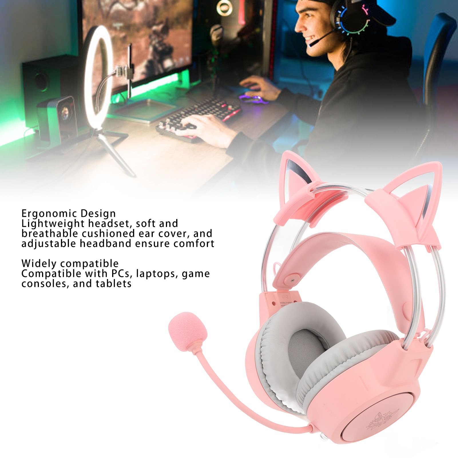 Katzenohr-Kopfhörer, 3,5 Mm Kabelgebundenes RGB-Stereo-PC-Gaming-Headset mit Mikrofon, Regenbogen-RGB-Beleuchtung und Virtuellem Surround-Sound, Leichte Over-Ear-Kopfhörer