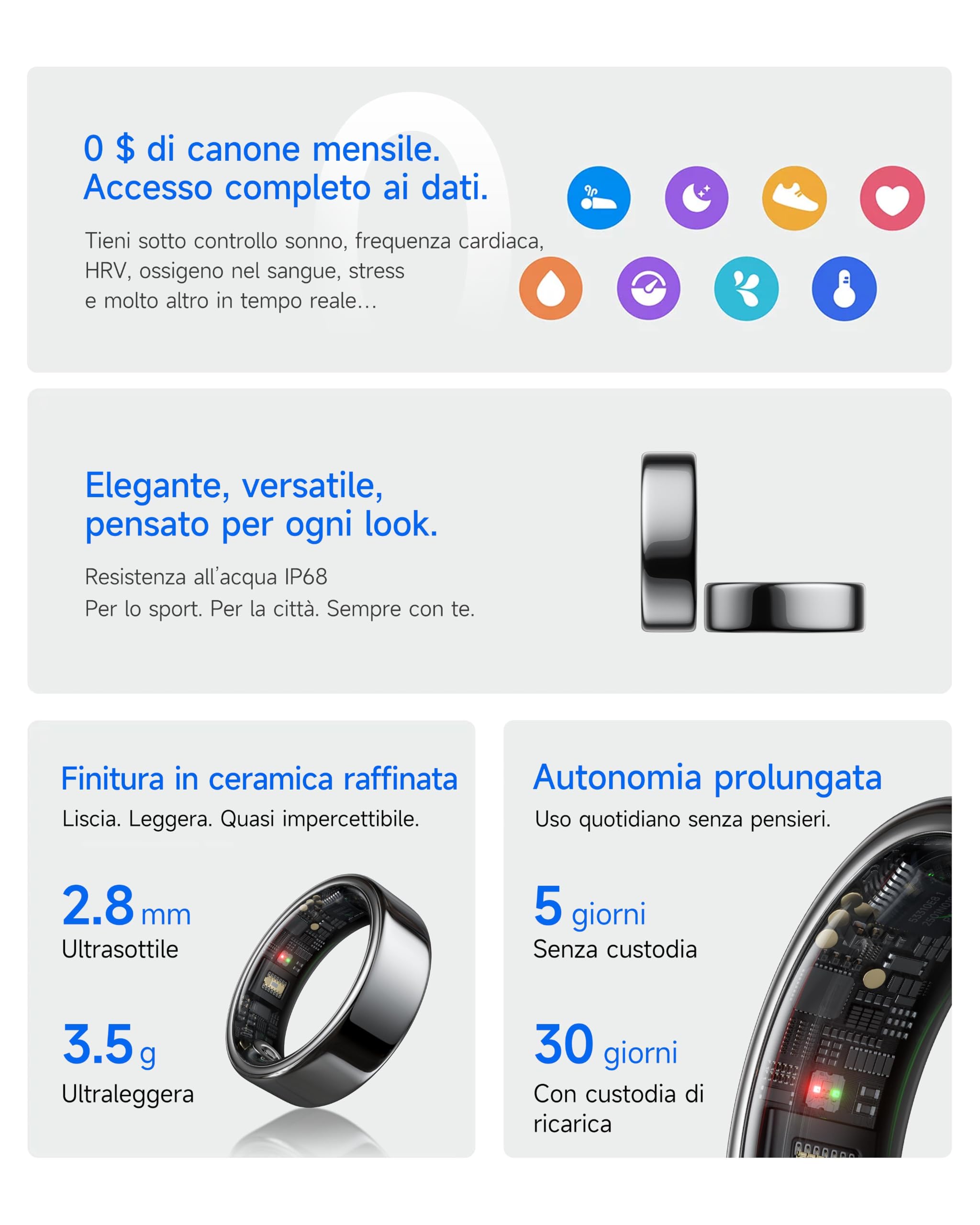 HOU Anello Smart, Nessun Abbonamento, Ceramica Nera, Misura 11 | Monitoraggio Sonno e SpO2丨Frequenza Cardiaca丨Impermeabile IP68丨Batteria fino a 30 giorni丨Oltre 100 modalità sportive