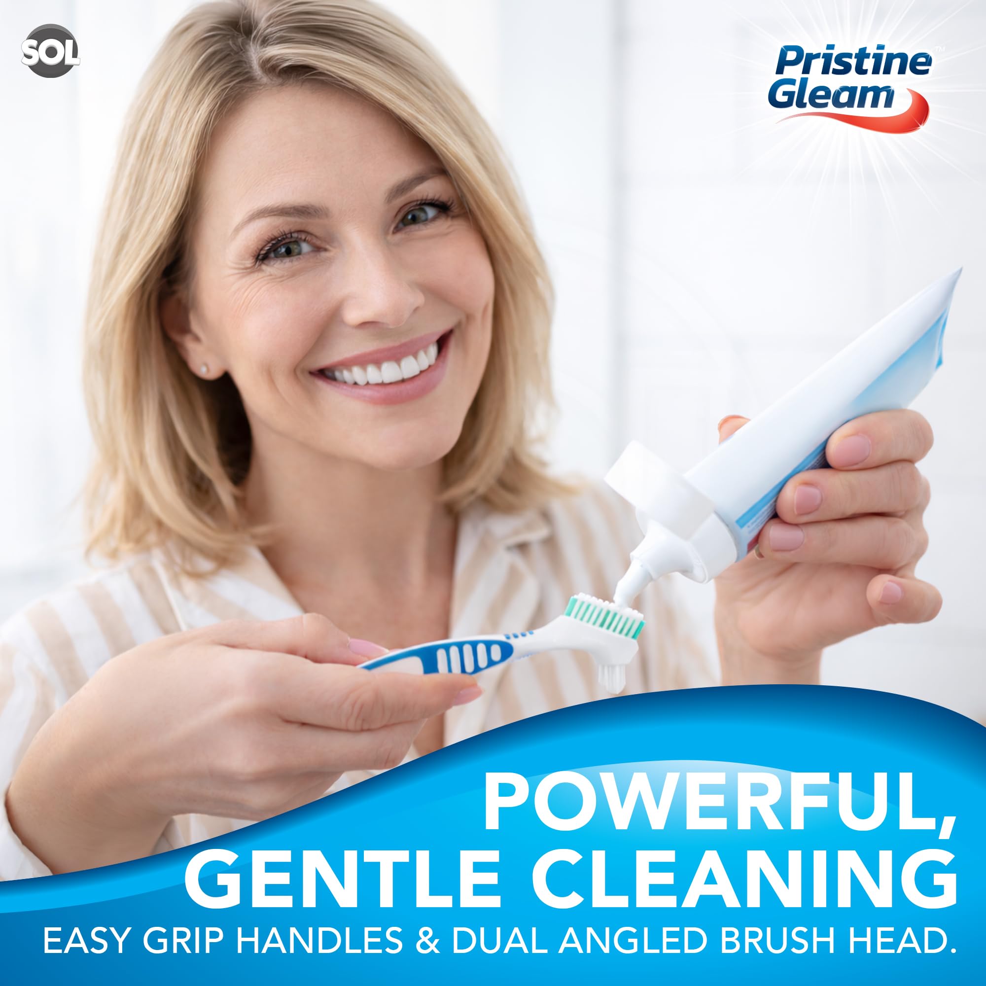 SOL 2pk Denture Brush – Dual Angled Heads with Soft Bristles for Hard-to-Reach A