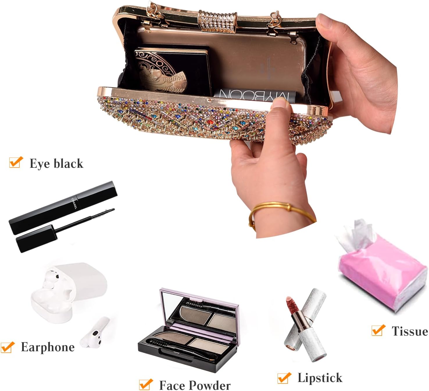CORIOS Women's Evening Bag Rhinestone Clutch Bag Bridal Wedding Purse Bling Crystal Shoulder Bag with Detachable Chain