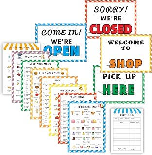 Kids Restaurant Pretend Play Menu Set – 8 Double-Sided Laminated Menus with Pricing, Guest Checkbook & Pen – Fun Role-Play for Math & Social Skills – Great for Play Kitchen Accessories