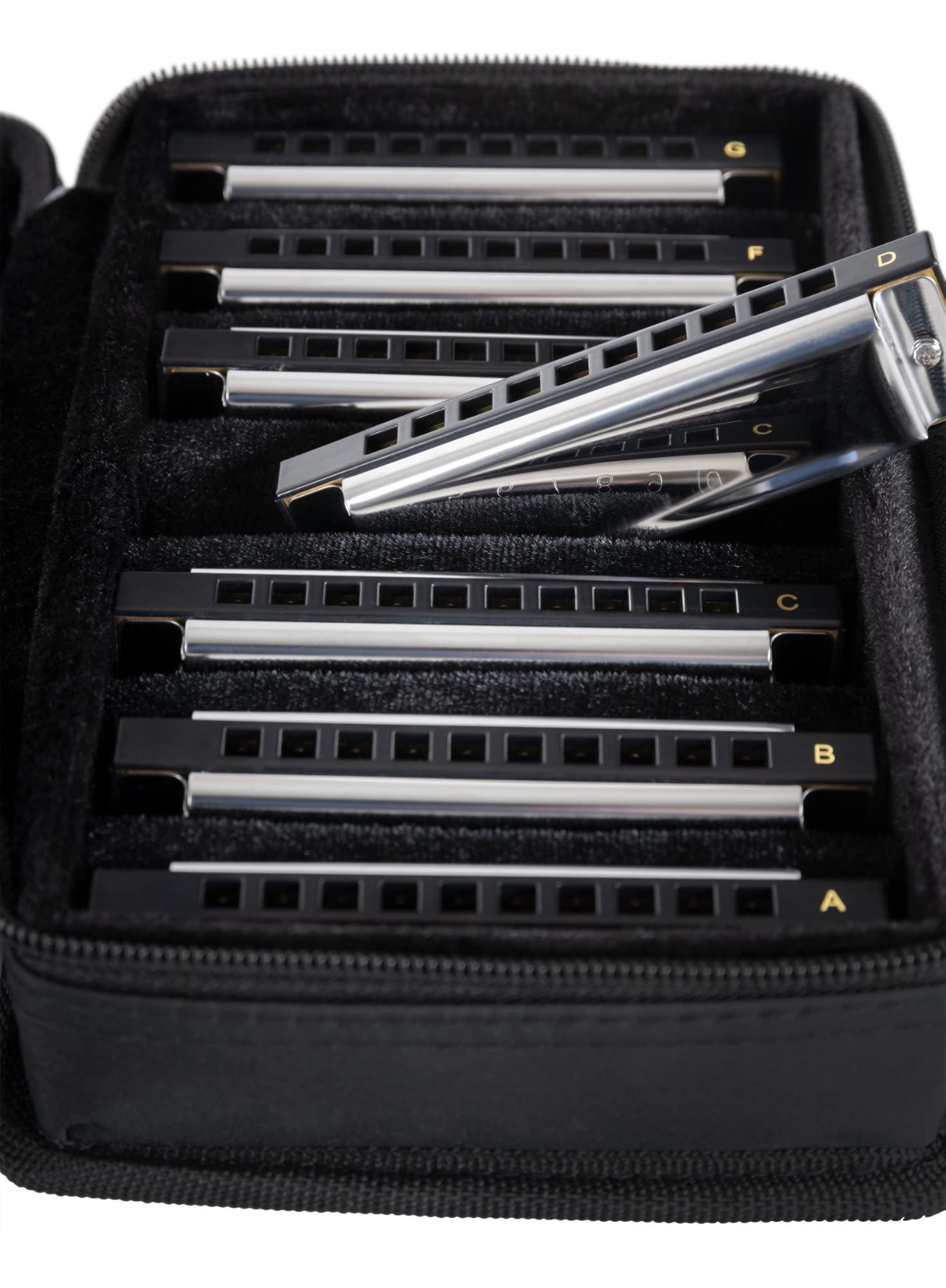 Classic Cantabile AHBS-7 Alabama Blues Harmonica Set de 7, Afinaciones: C | 7 armónicas diatónicas, B (H), Placas especiales para el típico sonido de armónica blues, Material de la caja: acero cromado