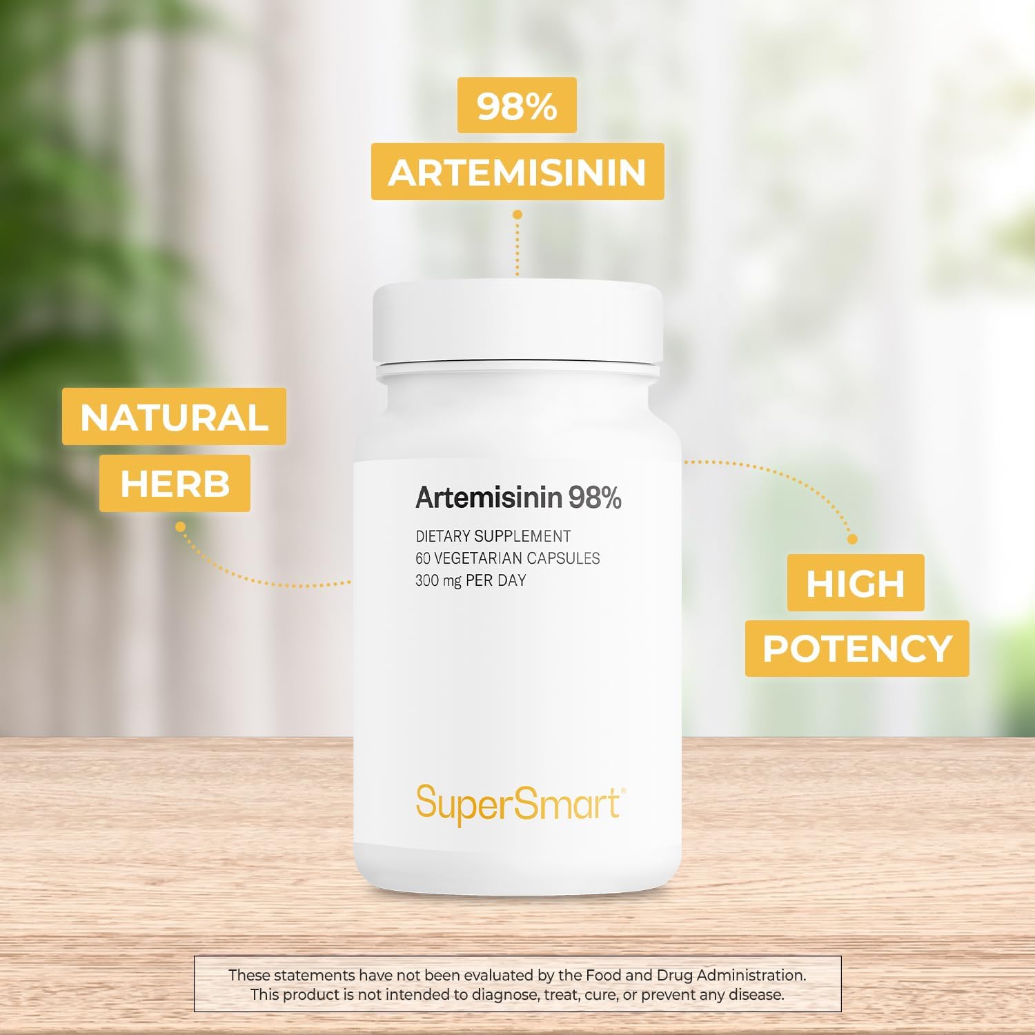 Supersmart Artemisinin Supplement 300mg per Day (High Strength 98%) - Sweet Wormwood Artemisia Annua Extract | Non-GMO & Gluten Free - 60 Vegetarian Capsules