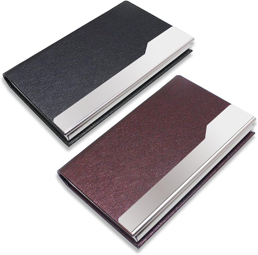 SENHAI 2 Pcs Professional Business Card Holders, Stainless Steel + PU Leather Card Case with Magnetic Shut for Men and Women - Black, Purple