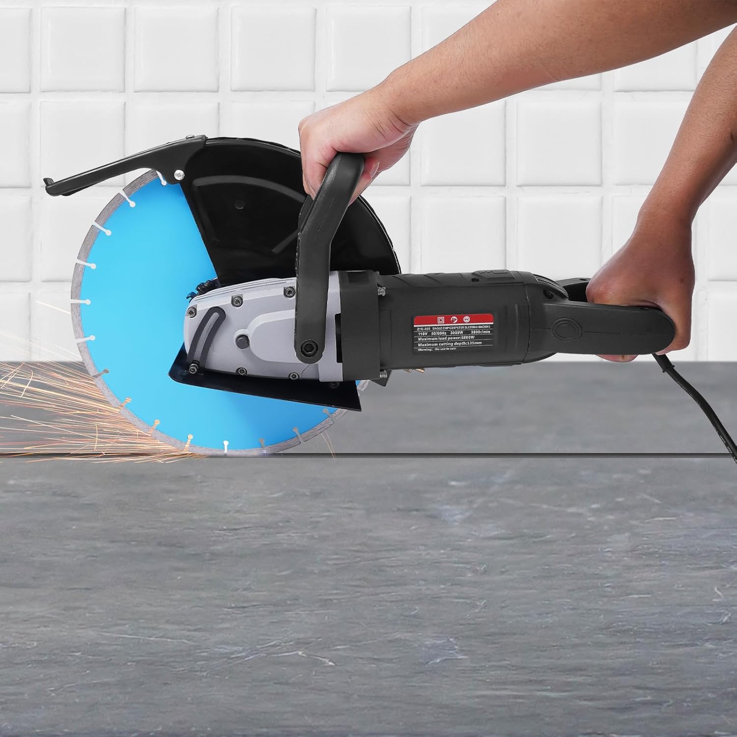 14in Electric Concrete Saw, Power Cutter 5800W 3800RPM Demo Saw 5.31 Inches Cut Depth Wet Disk Saw Cutter Includes Water Pipe, Pump For Metal, Granite,Porcelain Wood, Reinforced Concrete
