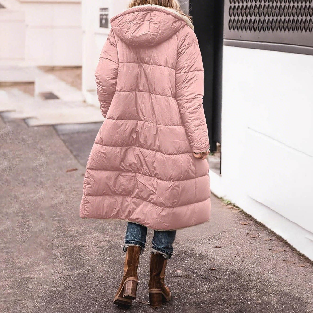 Damen Langer Wintermantel mit Kapuze Reißverschluss Taschen Warm Gefütterte Jacke Frauen Winterparka Zweifach Tragbar Lange Steppjacke für Alltag Büro Reisen Outdoor