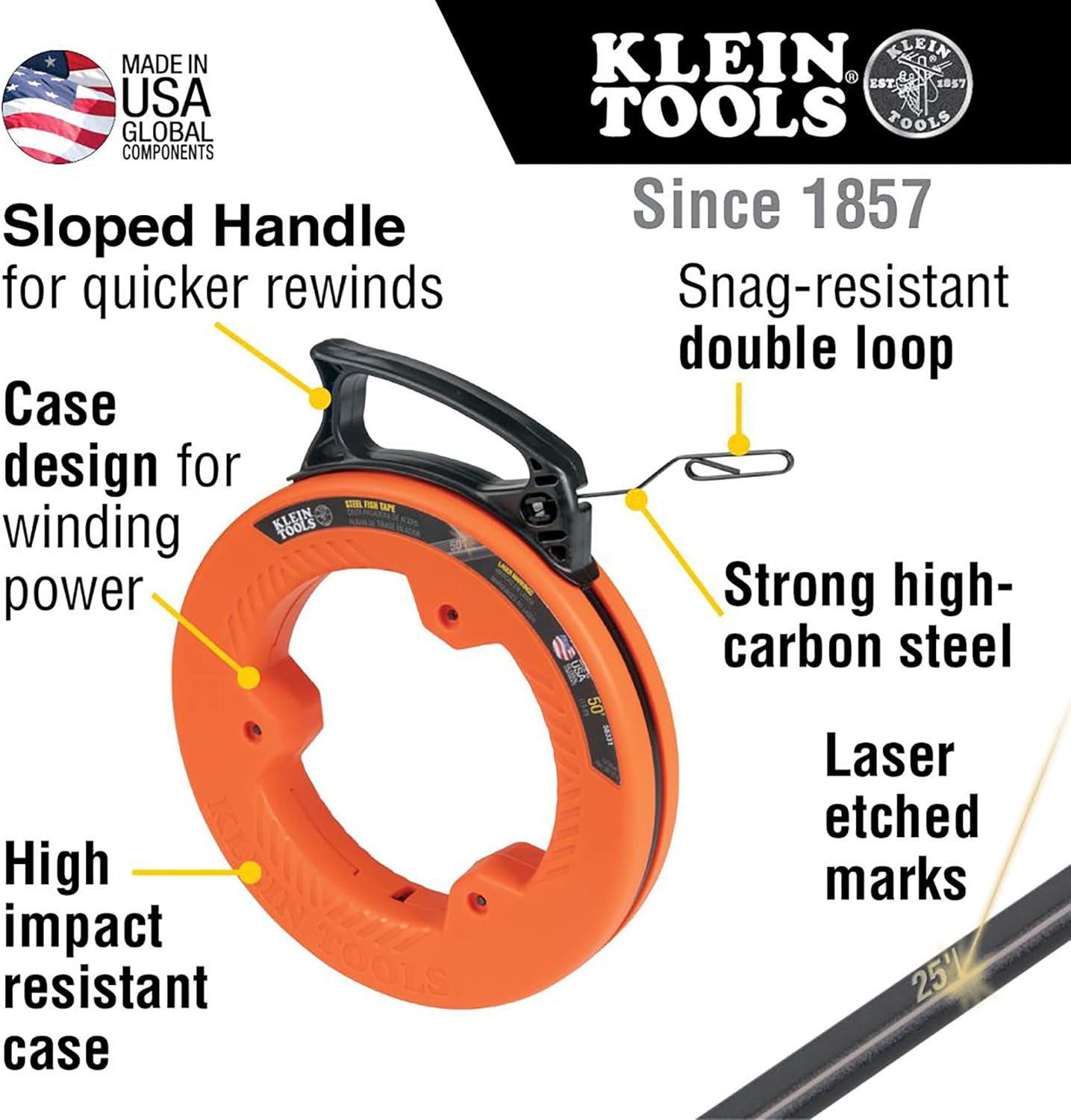 Klein Tools 56331 Fish Tape, Steel Wire Puller & 31737 Folding Jab Saw/Drywall Saw, Hand Saw with Lockback at 180 and 125 Degrees and Tether Hole