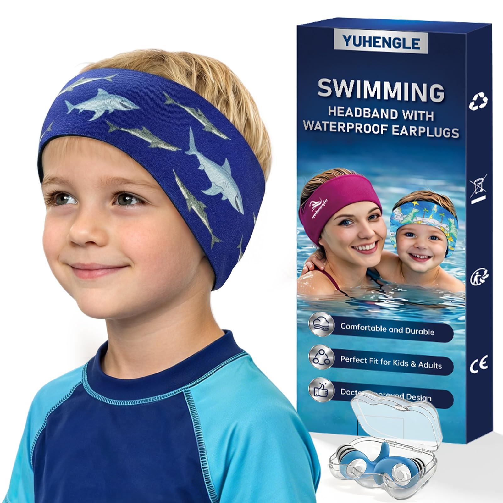 Swimming Headband for Kids - Waterproof Ear Plugs & Adjustable Swim Ear Band,Keep Water Out and Hold Earplugs in - Water Headband for Surfing, Diving, Pool, Showering, and Beach