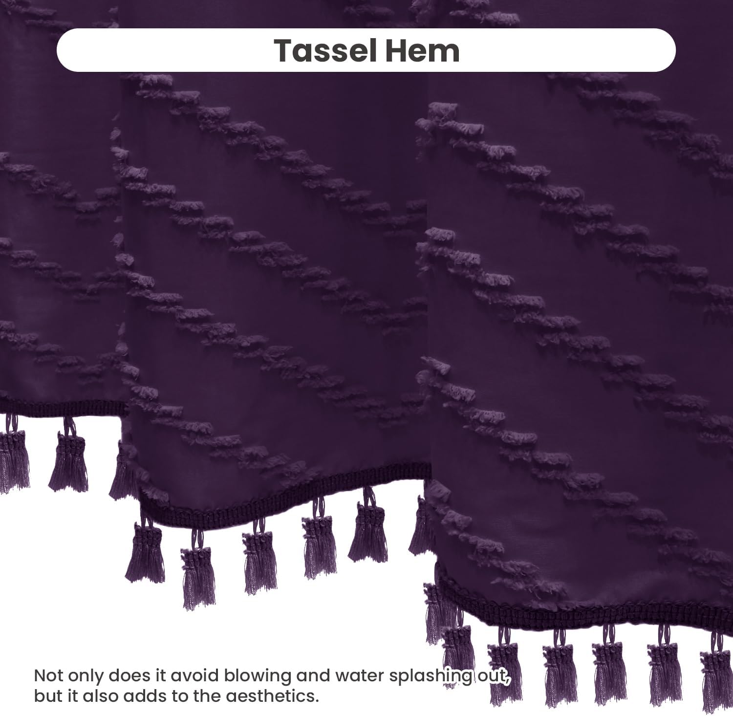 Inhousolu Boho Woven Fabric Shower Curtain, Tufted Textured Chevron Striped Tassel, Modern Farmhouse Minimalist Cloth, Water-Repellent Washable Bath Curtain for Bathroom Hotel 72" W x 72" L Purple
