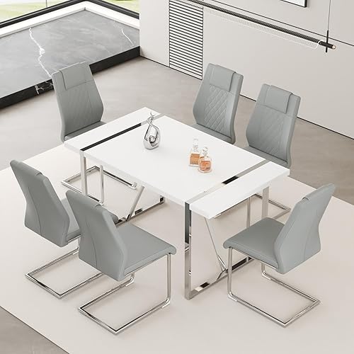 Miniatura 41 de Juego de mesa de comedor moderno de 55 pulgadas para 6, superficie de mesa blanca y estructura de metal plateado, mesa rectangular para comedor