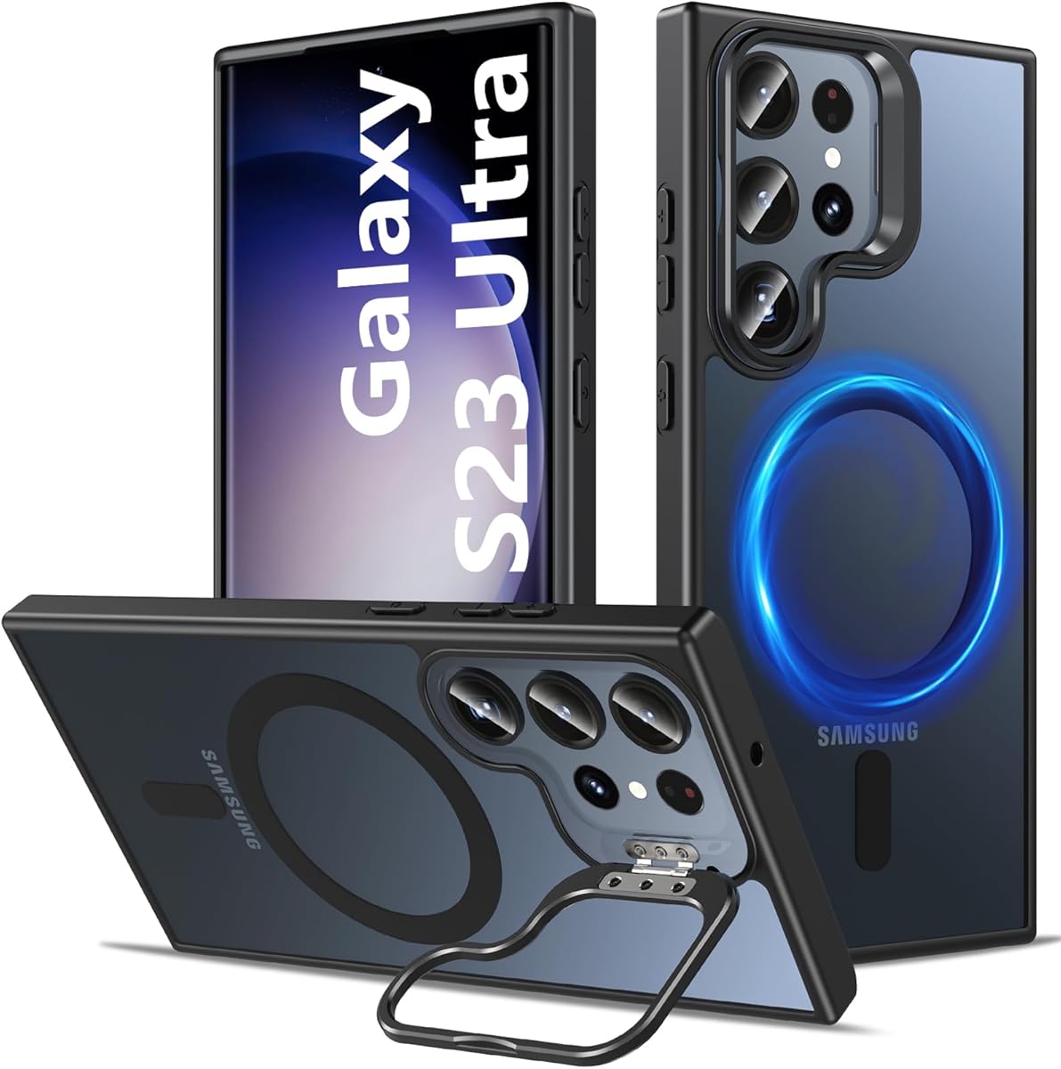 Magnetic for Samsung Galaxy S23 Ultra Case with Stand, Compatible with Magsafe, Shockproof Military Grade Drop Protection, Translucent Matte Back Phone Cover for S23 Ultra 6.8", Black