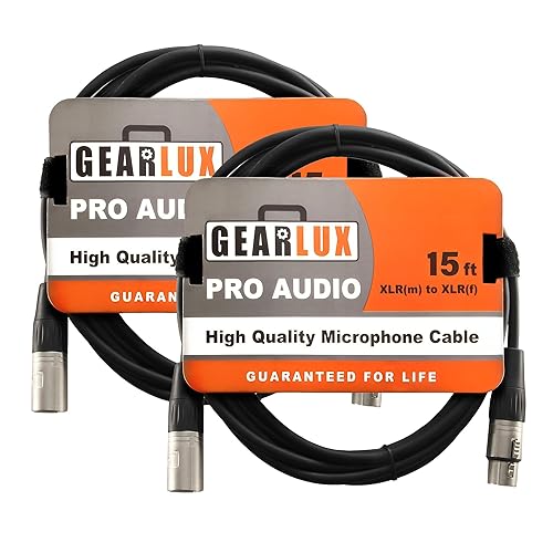 Gearlux XLR Microphone Cable, Fully Balanced, Male to Female, 15 Feet - 2 Pack - 2 Pack - 15 Ft