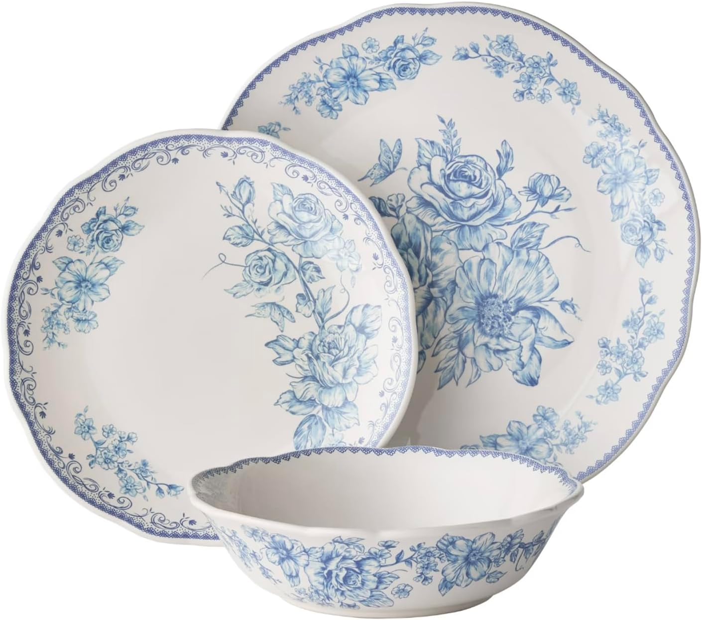 Vintage inspired Agatha Blue 12-Piece Stoneware Dinnerware Set