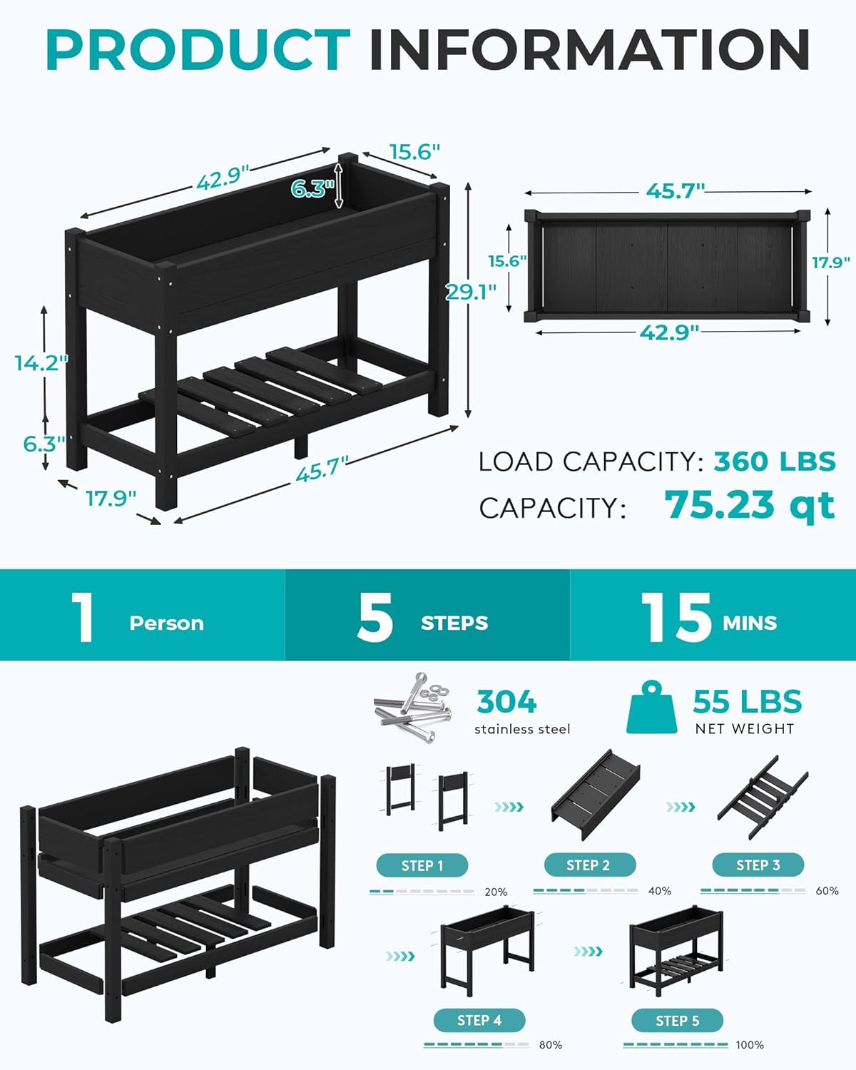 SERWALL Raised Garden Bed with Legs, 43"×17"×30" Large HDPE Elevated Planter Box for Vegetables Flower Herb Patio, All Weather Use-Black