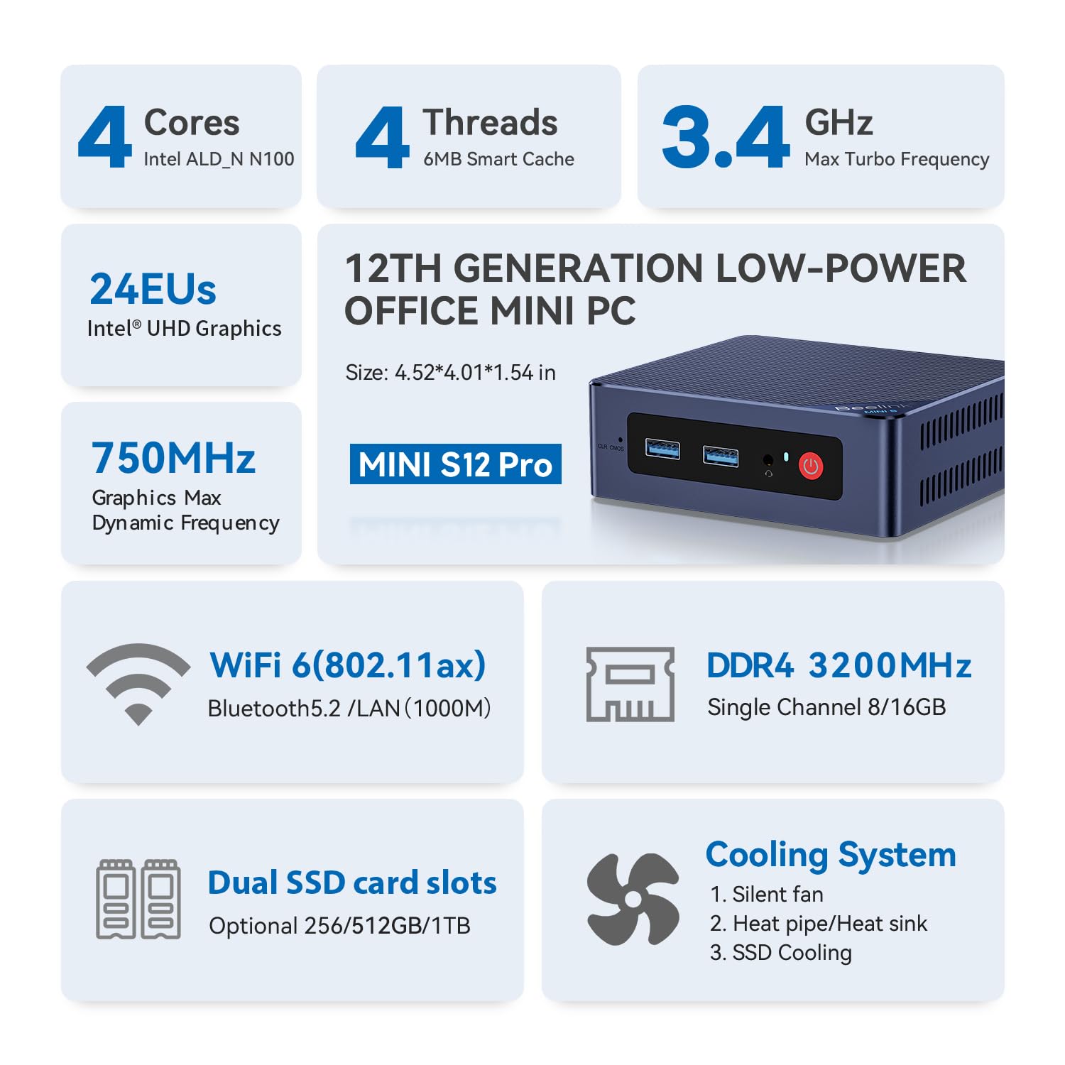 Beelink Mini PC EQ12 Mini PC com Processador N100 (4C/4T), 16G DDR