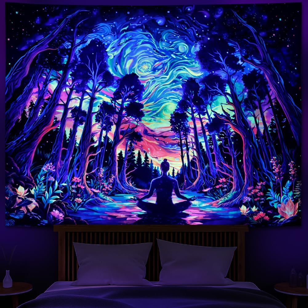 Heopapin Blacklight Psychedelic Forest Meditation Tapestry UV Reactive Cosmic Galaxy Starry Sky Wall Art Tapestry Trippy Yoga Spiritual Chakra Wall Hanging Tapestries for Home Decor 92.5L x 70.8W