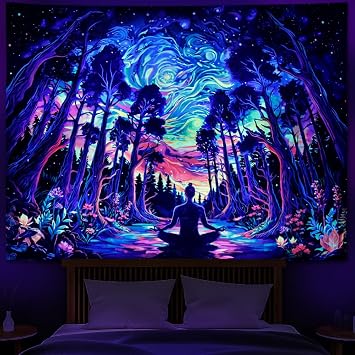 Heopapin Blacklight Psychedelic Forest Meditation Tapestry UV Reactive Cosmic Galaxy Starry Sky Wall Art Tapestry Trippy Yoga Spiritual Chakra Wall Hanging Tapestries for Home Decor 59.1L x 51.2W
