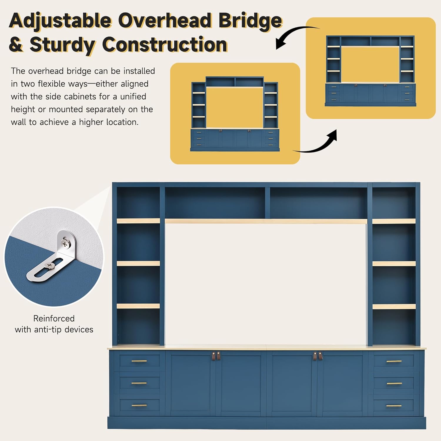 Merax 102.3 Inch Wide Farmhouse Entertainment Center, Rustic TV Stand with 6 Drawers & Adjustable Shelves, Large Media Console for TVs up to 75", Modern Bookshelves Wall Unit, Blue