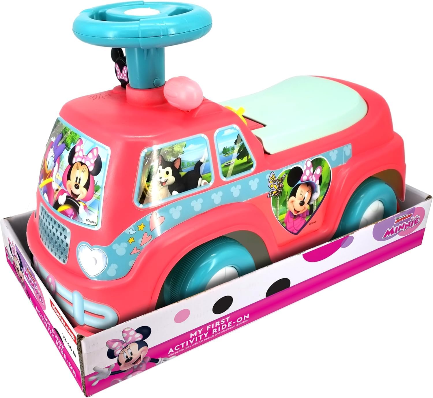 Kiddieland Disney Minnie Mouse Camper Ride-On, Lights & Sounds Foot-to-Floor Toddler Push Car with Storage, 12+ Months, 55 lb Limit