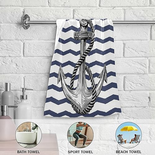 Miniatura 6 de Giwawa Toalla de mano con ancla náutica, 2 toallas de baño transpirables a rayas azul marino, toalla de cara blanca suave y absorbente, toalla de