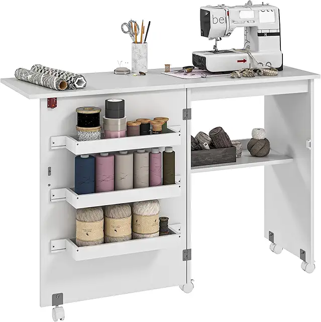 HOMCOM Folding Sewing Table with Storage Bins, Wheels & Drop Leaf - White
