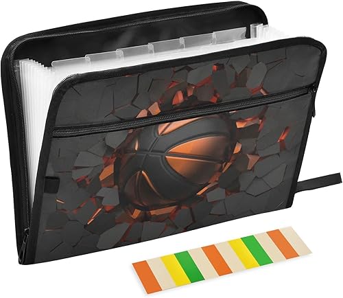 Carpeta de archivos expansible, bola de baloncesto negra naranja 3D en pared agrietada, carpetas de archivos de acordeón de 13 bolsillos con