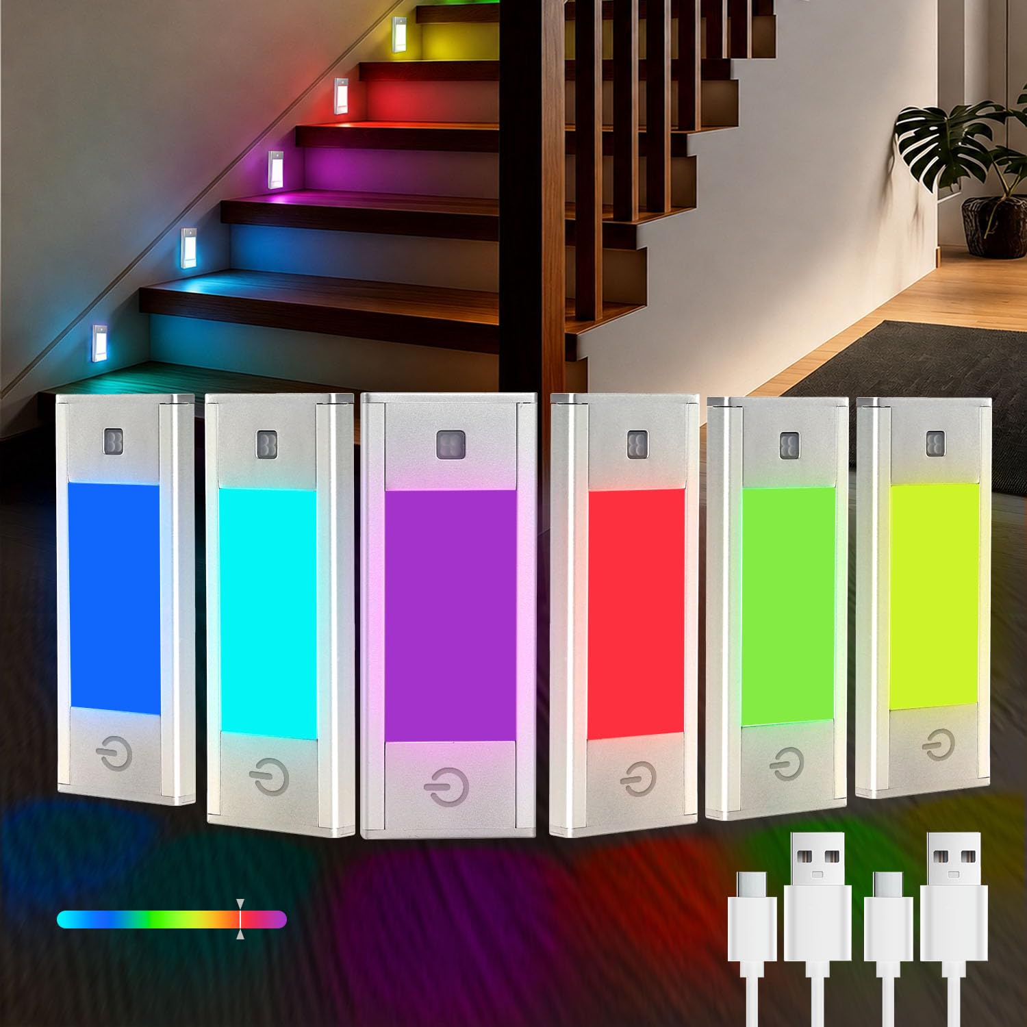 V4light Luce notturna con sensore di movimento RGB, luci per scale ricaricabili a 6 colori, luce magnetica a LED per libreria, con spegnimento automatico, controllo touch, per corridoio, scale