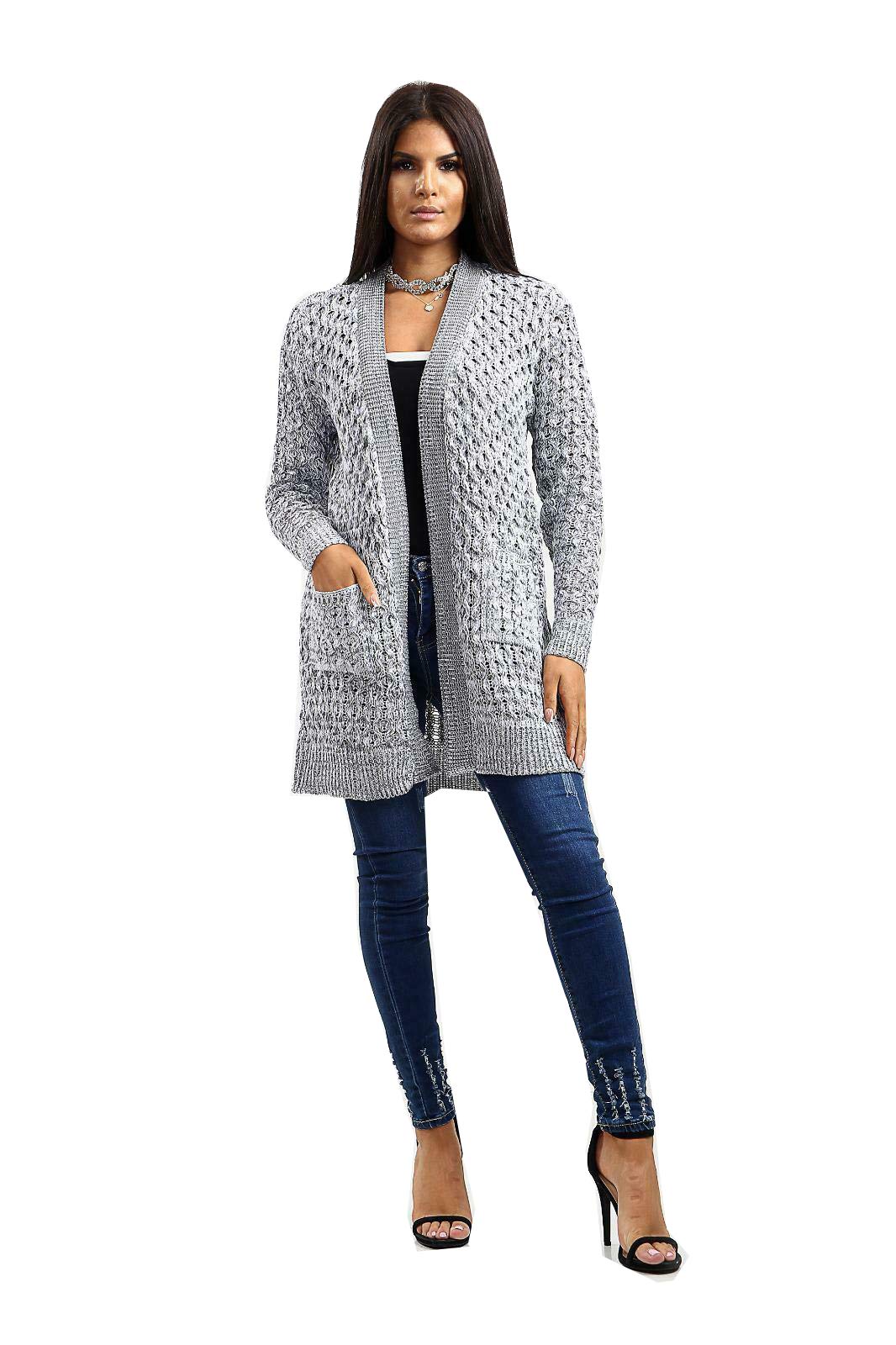 Biwtup Women's Grey Marl Chunky Knitted Cardigan Baggy Open Pocket Boyfriend Jumper (, Uk 16-18 Xl)