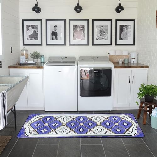 Miniatura 4 de USTIDE Alfombra larga de 20 x 63 pulgadas, diseño retro enrejado, antideslizante, decoración de lavandería, alfombras lavables para cocina, baño,