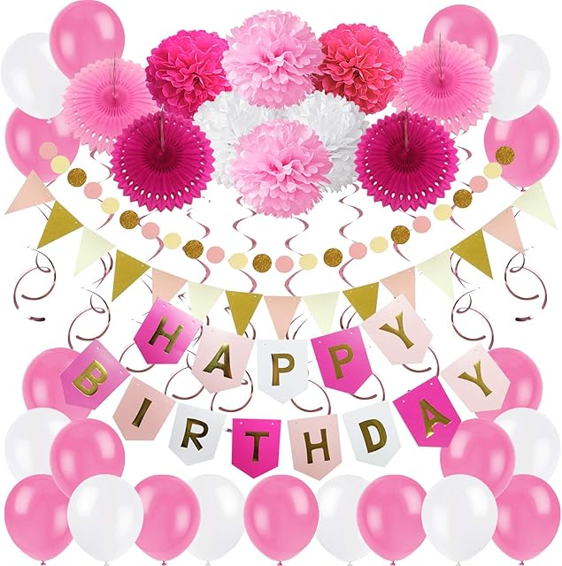 ZERODECO Birthday Decoration Set, Happy Birthday Banner Bunting with 4 Paper Fans Tissue 6 Paper Pom Poms Flower 10 Hanging Swirl and 20 Balloon for Birthday Party Decorations -Pink White and Red