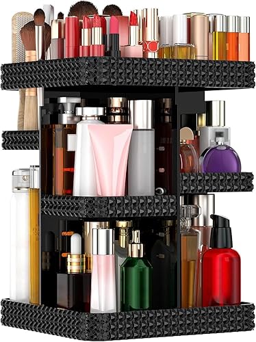 Organizador de maquillaje giratorio de 360 grados, color negro, organizador de maquillaje acrílico grande y almacenamiento para tocador, organizador