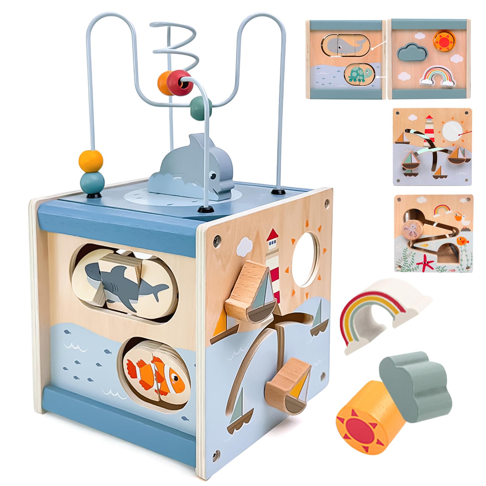 Wooden Activity Cube，6-in-1 Activity Cube，Wooden Activity Cube for Toddlers 1-3，Wooden Learning Toys Activity Cube for 1 Year Old, Multipurpose Educational Toy First Birthday