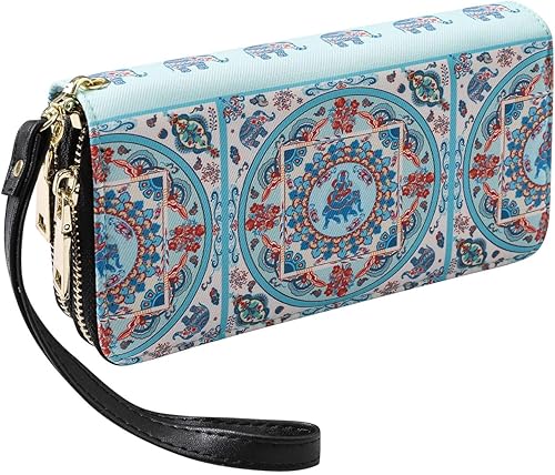 LATH.PIN Cartera bohemia con bloqueo RFID, bolso de lona con patrón de elefante con bolsillo para monedas y correa