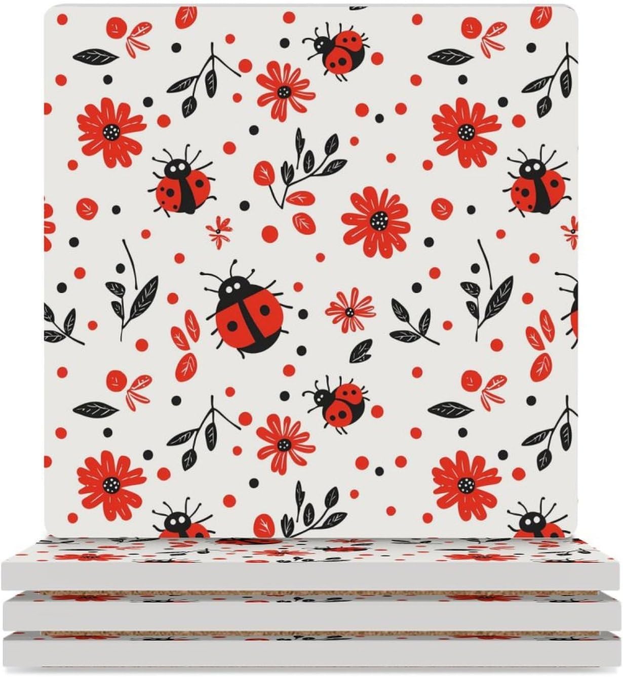 Ladybug Insect Ceramic Coasters Square Drinks Coaster Coffee Table Decor Table Coaster for Home Bar