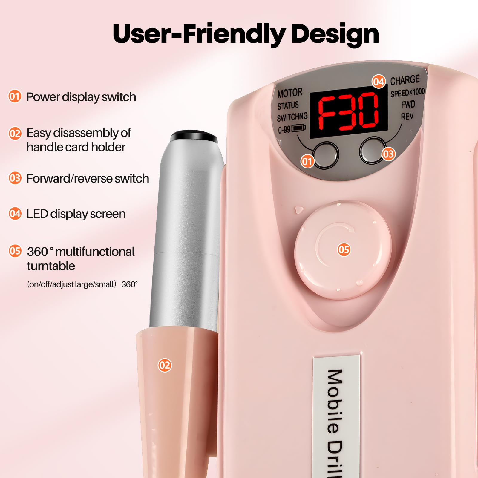 Droyek Taladro de uñas portátil profesional de 30000 RPM, 13 brocas de calidad de salón, 50 bandas de lijado, portátil y de bajo ruido para uñas acrílicas, eliminación de pulido de gel, kit de brocas